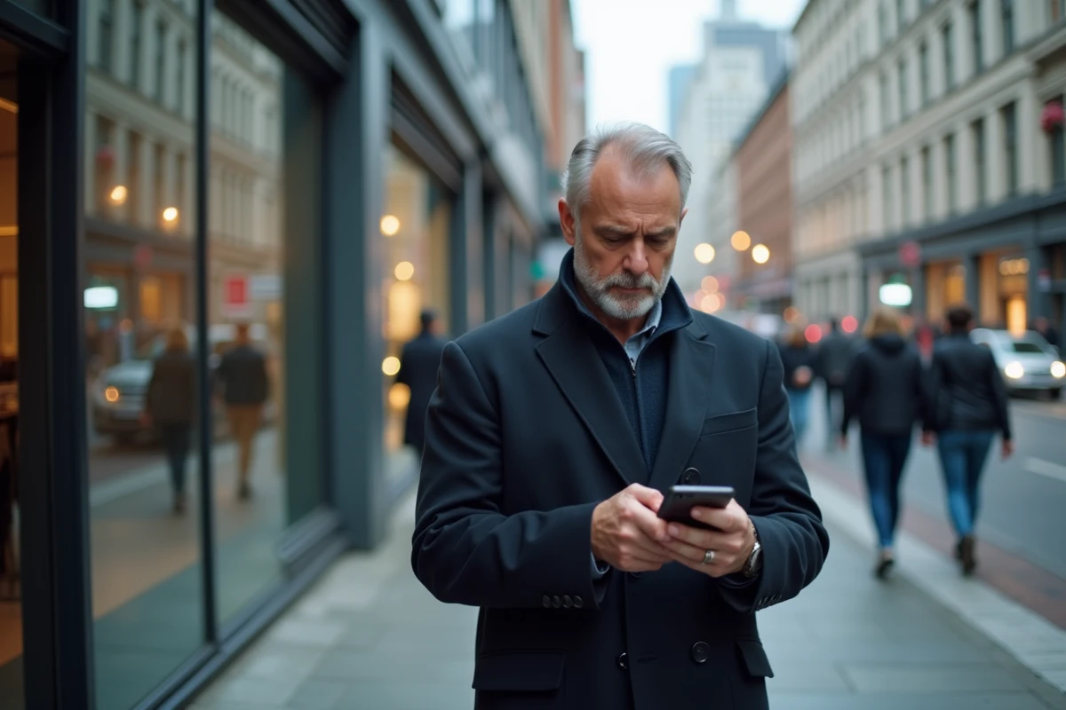 Homme d'affaires lisant un email de phishing sur son smartphone dans une rue urbaine animée