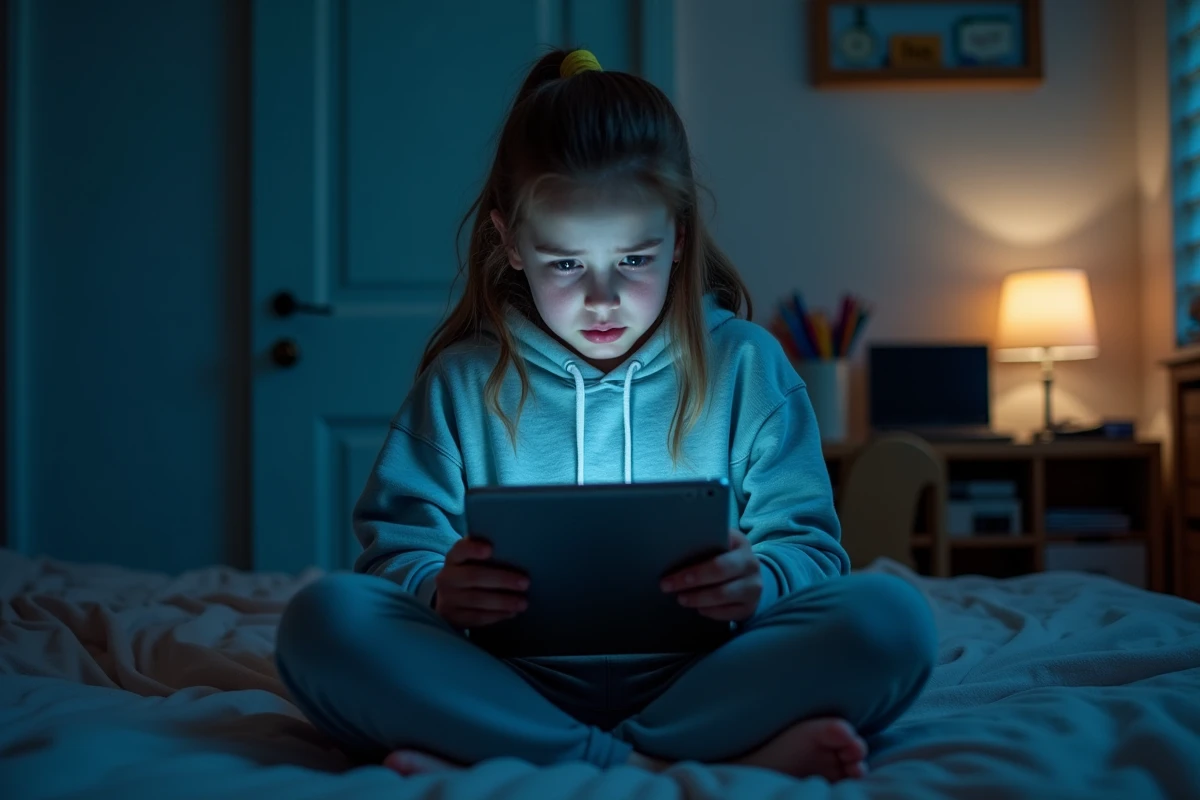 Adolescente fatiguée naviguant sur les réseaux sociaux sur une tablette tard le soir dans sa chambre