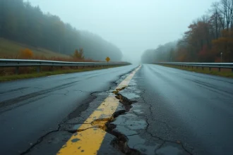 Route de campagne accidentogène avec glissières de sécurité endommagées et traces de freinage sur une route sinueuse en France