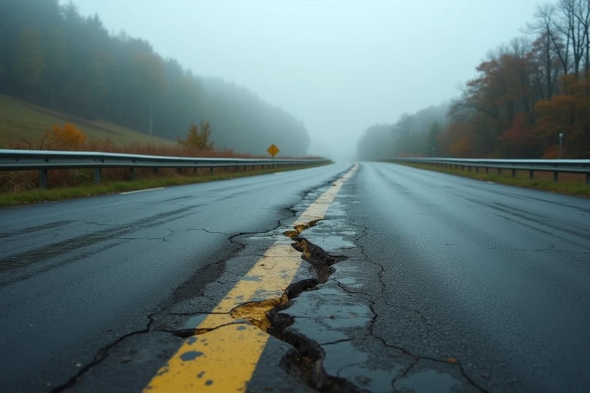 Route de campagne accidentogène avec glissières de sécurité endommagées et traces de freinage sur une route sinueuse en France