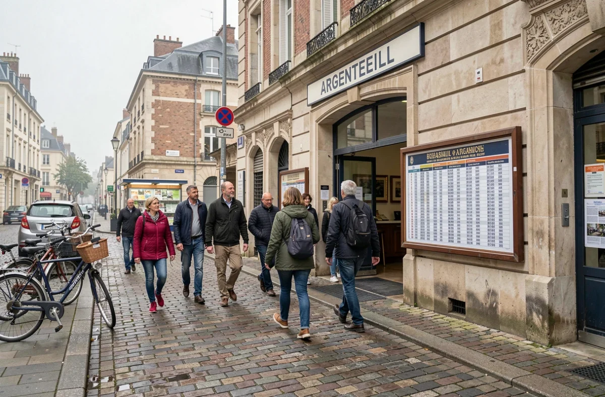 Scène de rue devant la gare d'Argenteuil avec panneau d'horaires de prières et mosquée en arrière-plan