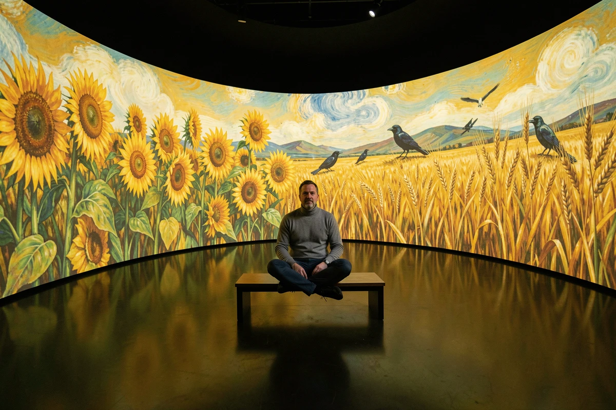 Homme assis au centre d'une salle d'exposition Van Gogh immersive entouré de projections de tournesols à Lyon