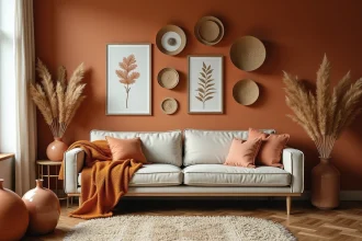 Salon chaleureux avec murs en terracotta et galerie de cadres botaniques sur parquet en bois