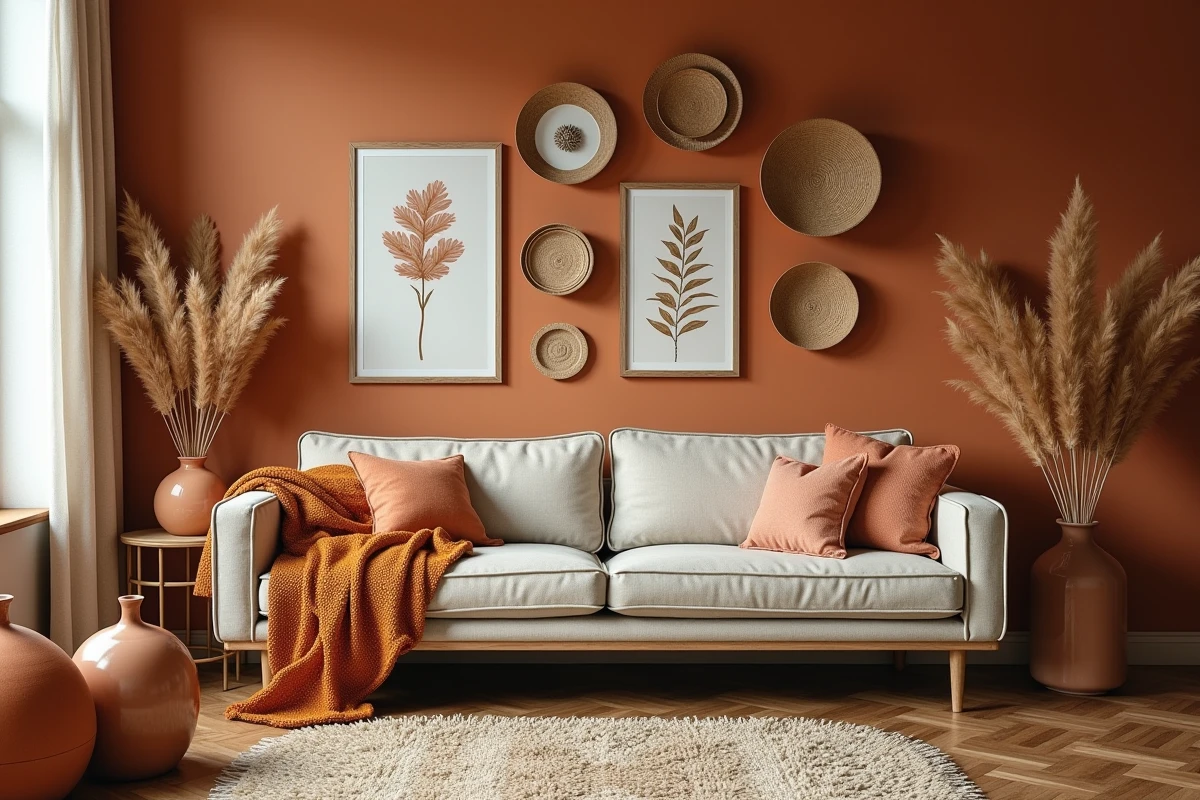 Salon chaleureux avec murs en terracotta et galerie de cadres botaniques sur parquet en bois