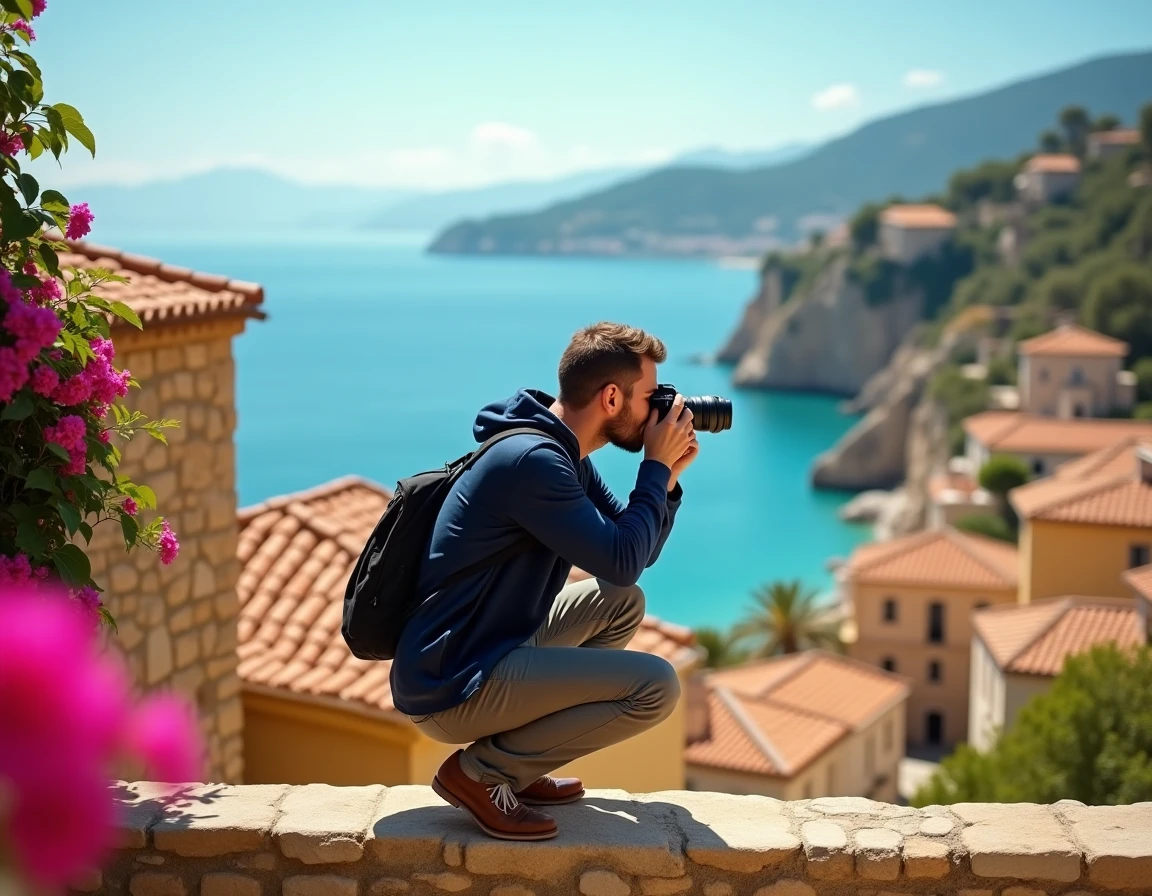 Photographe masculin cadrant un paysage depuis les remparts de la vieille ville d'Antibes avec la Méditerranée en arrière-plan