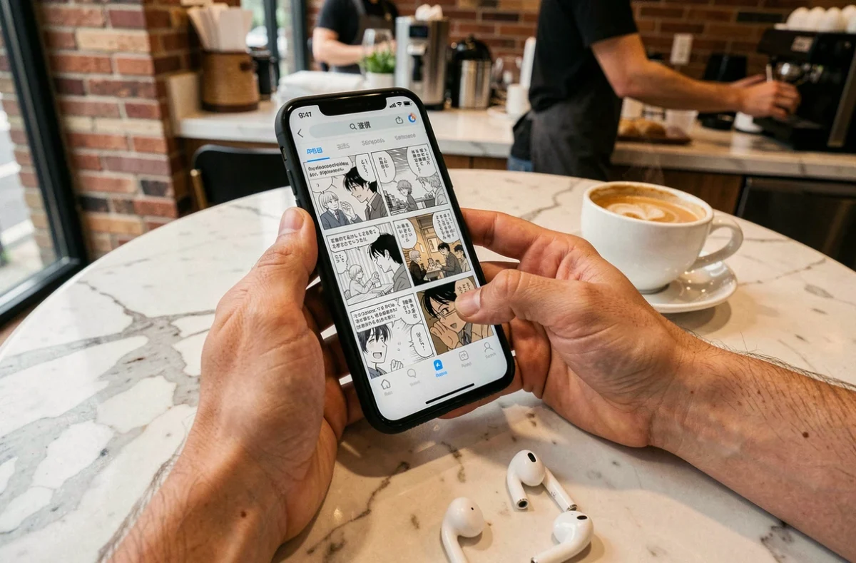 Mains tenant un smartphone affichant une application de lecture de scans manga dans un café urbain moderne