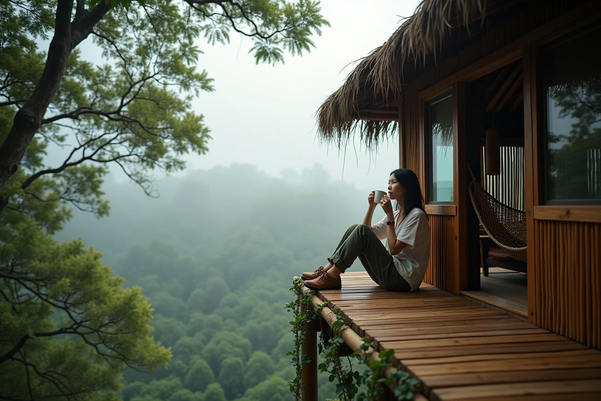 Femme buvant un café sur la terrasse d'une cabane perchée dans la jungle tropicale au-dessus d'une canopée brumeuse