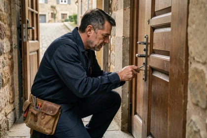 Serrurier en intervention d'urgence devant une porte en bois dans une maison de style bourguignon en Saône-et-Loire