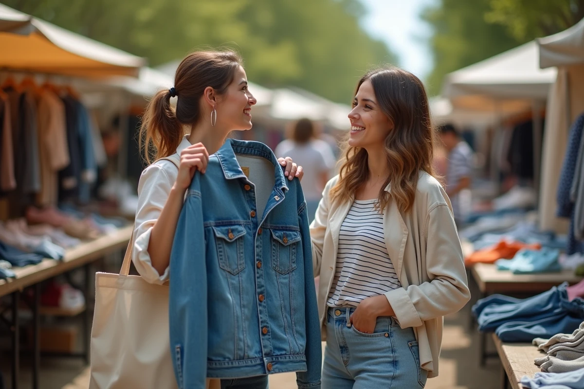 Deux femmes faisant du shopping dans un marché de vêtements d'occasion pour optimiser leur budget mode
