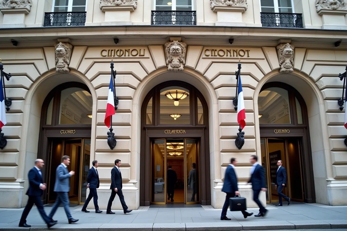 Façade d'un grand siège social d'entreprise française à Paris avec drapeaux tricolores et employés en costume