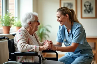 Soignante en EHPAD tenant la main d'une résidente âgée, illustrant l'approche Humanitude basée sur le lien affectif et le respect de la dignité