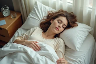 Femme en train de dormir profondément dans un lit aux draps blancs froissés, expression apaisée au réveil