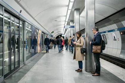 Quai d'une station moderne de la ligne 14 du métro parisien avec voyageurs en attente