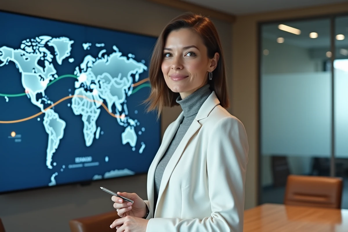 Stratège numérique devant une carte mondiale interactive montrant les flux de trafic internet dans une salle de conférence moderne