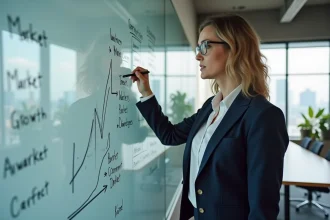 Femme d'affaires présentant une stratégie de développement sur un tableau blanc dans un bureau moderne