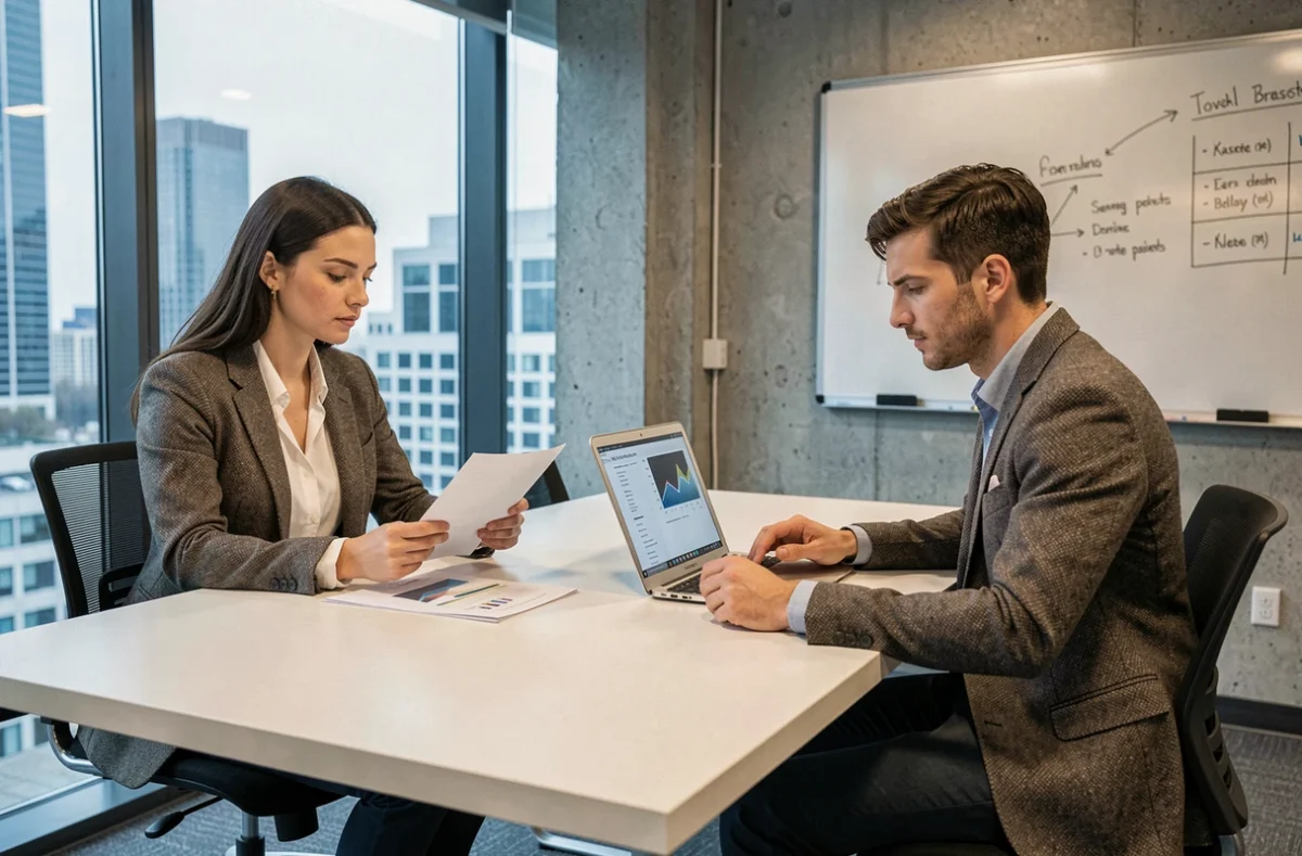 Deux professionnels discutant d'une stratégie de monétisation en ligne dans un espace de coworking moderne