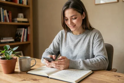Jeune femme tapant un message sur son smartphone à son bureau, illustrant les habitudes d'écriture en ligne et le style numérique personnel