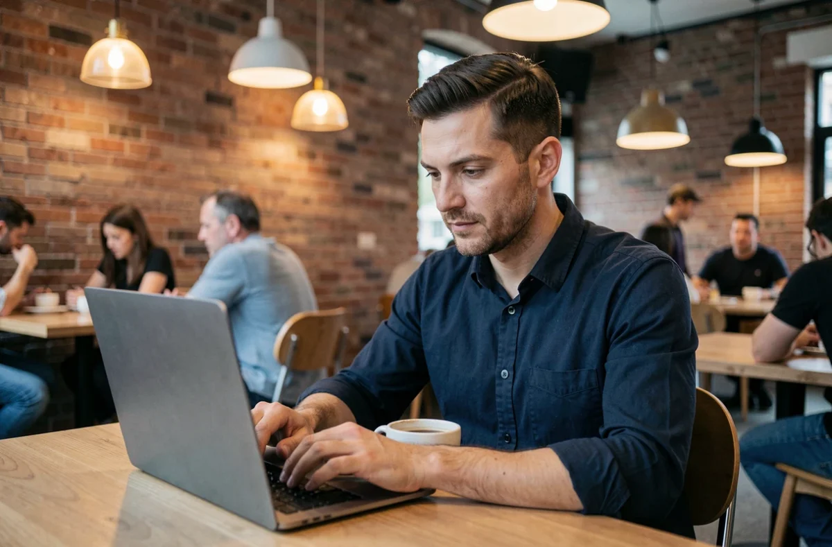 Homme concentré sur son ordinateur portable dans un café branché, représentant le style d'écriture numérique et la communication en ligne