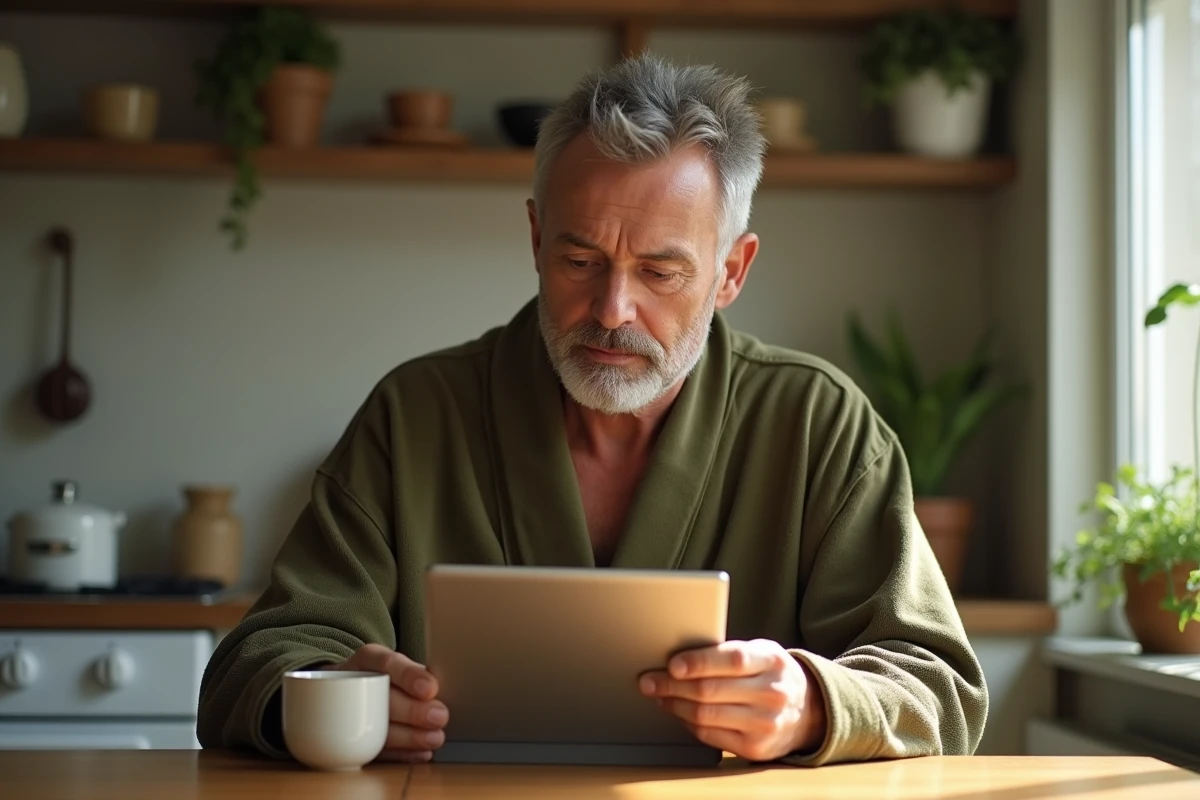 Personne en robe de chambre consultant une application de suivi du sommeil sur tablette autour d'un café le matin