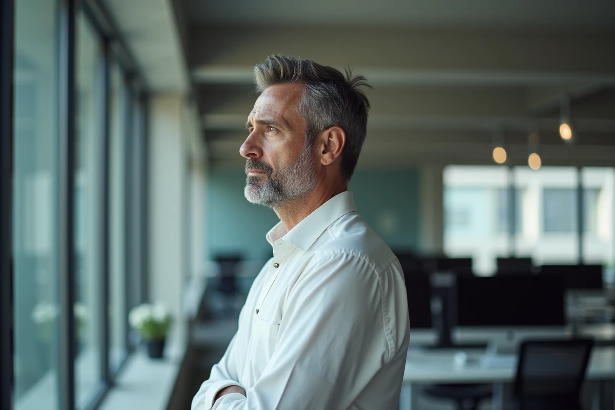 Homme en costume décontracté regardant dans le vide par la fenêtre d'un bureau moderne, symbolisant la surcharge mentale et l'épuisement cognitif