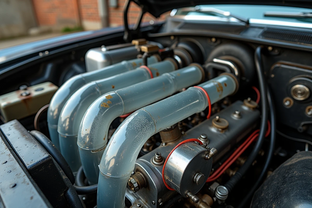 Détail d'un système d'électrolyse monté sur un moteur de voiture dans un atelier mécanique