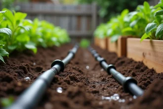 Système d'irrigation goutte-à-goutte installé dans un potager avec des rangées de tomates et de laitues