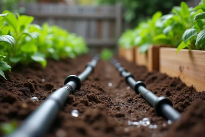 Système d'irrigation goutte-à-goutte installé dans un potager avec des rangées de tomates et de laitues