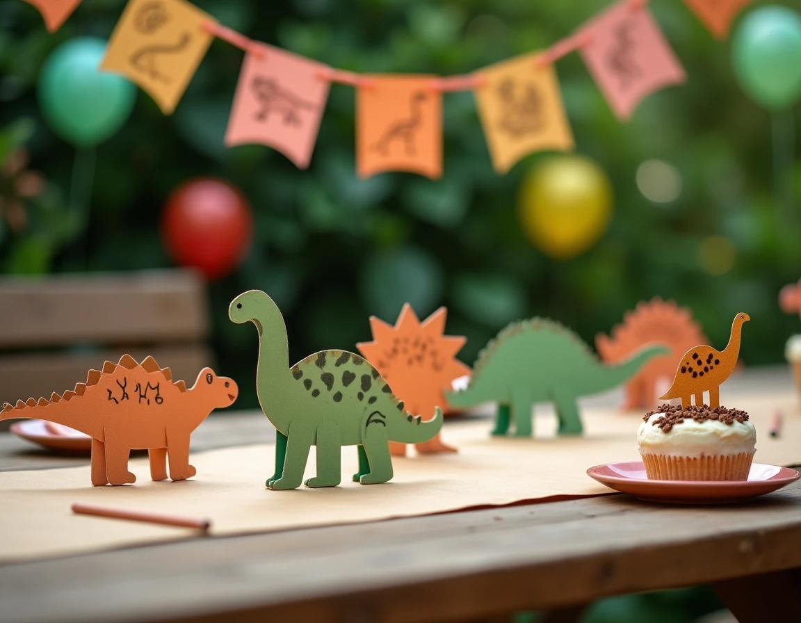 Table d'anniversaire décorée avec des dessins de dinosaures faits main, guirlandes et gâteau thème dinosaure dans un jardin