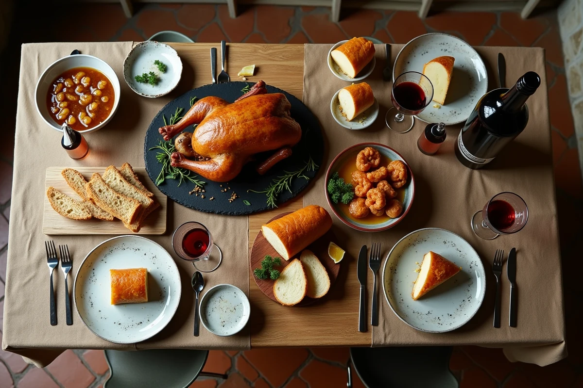 Table gastronomique française dressée avec canard rôti, fromages affinés et terrine dans un cadre rustique en pierre