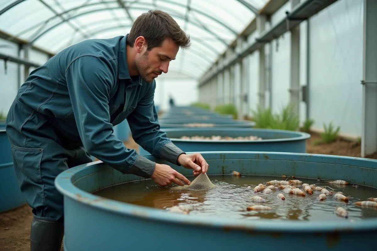 Technicien aquacole inspectant des crevettes juvéniles dans un bassin d'une ferme rose en serre