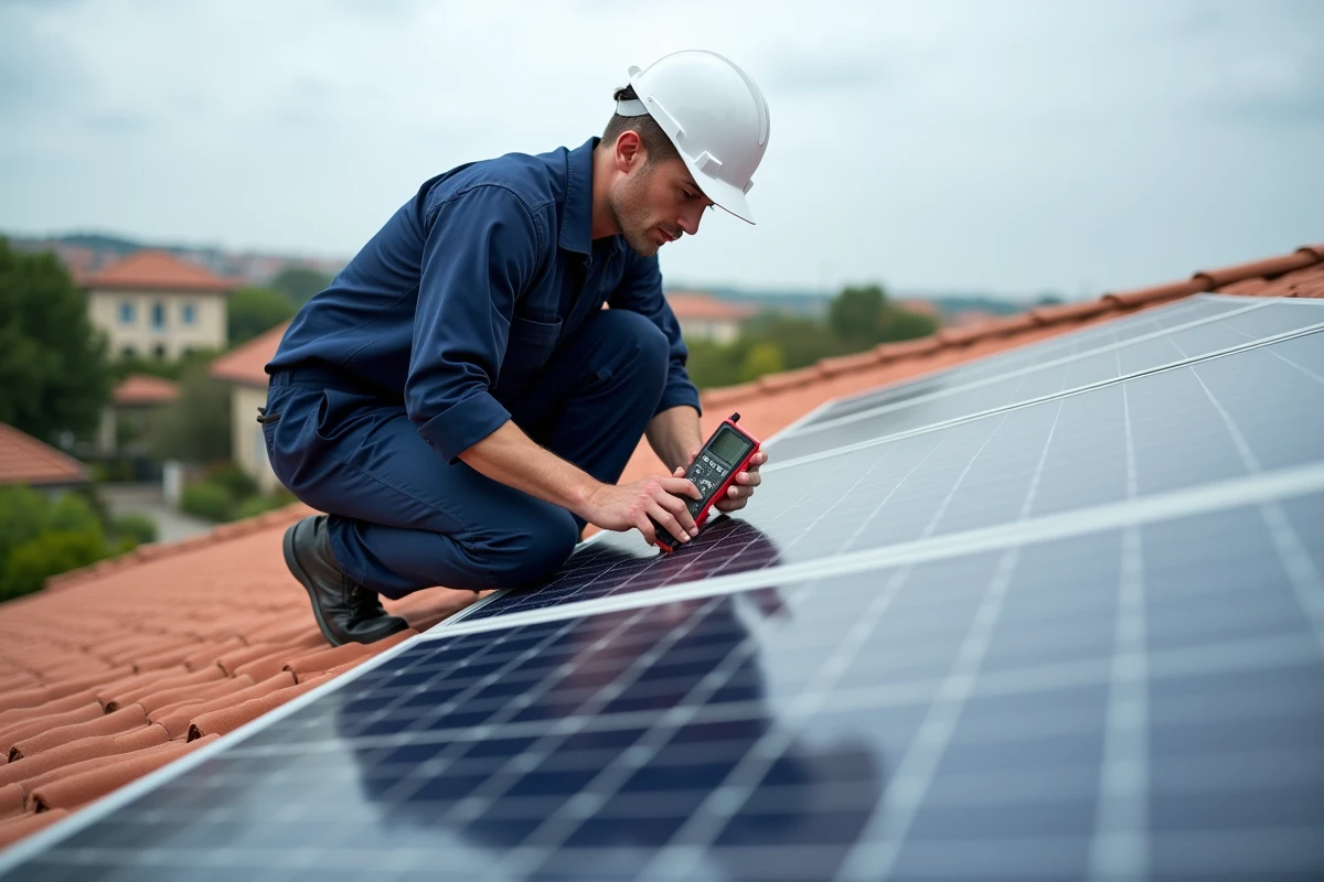 Technicien solaire inspectant un panneau solaire 500W sur un toit résidentiel avec un multimètre numérique