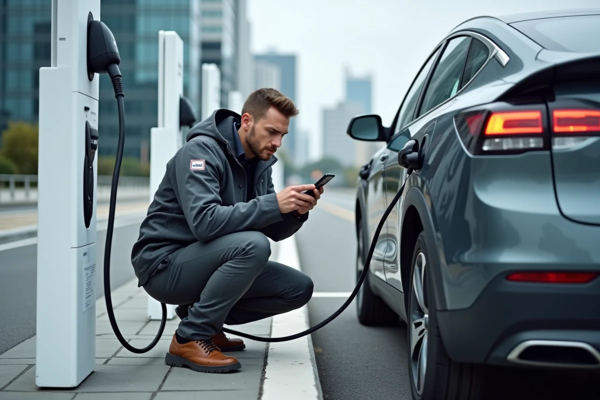 Technicien branchant un câble de recharge sur un SUV électrique dans une station de charge urbaine moderne