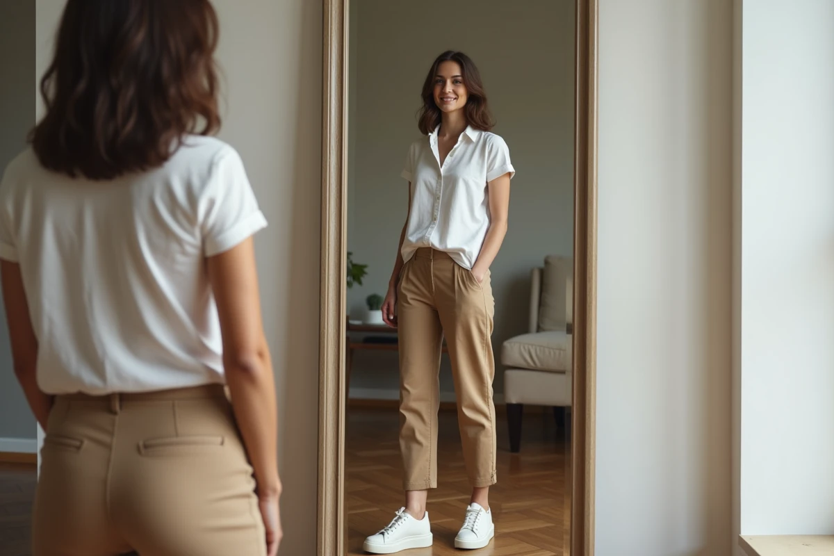 Femme portant une tenue capsule classique composée d'un pantalon camel et d'une chemise blanche devant un miroir dans un appartement minimaliste.