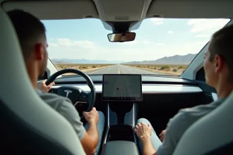 Tesla Model 3 en conduite autonome sur une route américaine désertique, conducteur les mains sur les genoux