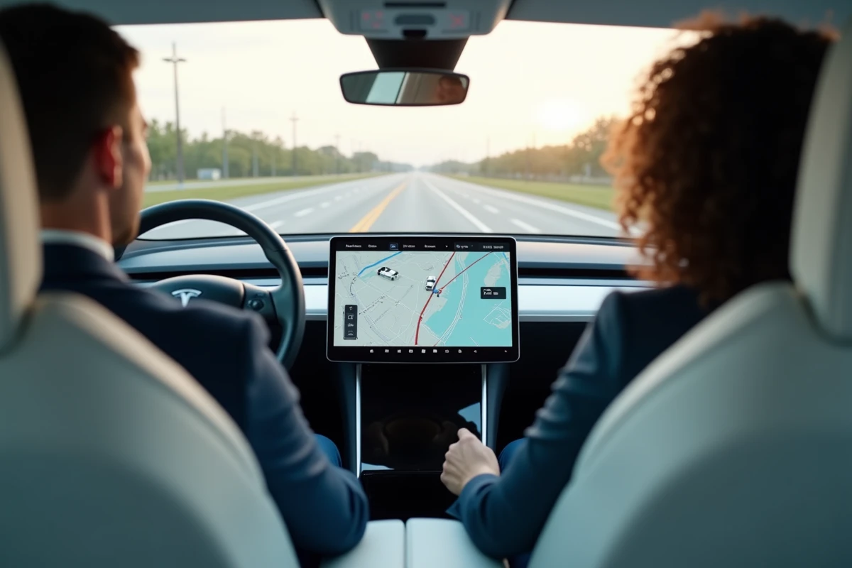 Écran tactile Tesla affichant l'interface Autopilot avec visualisation des voies et des véhicules environnants