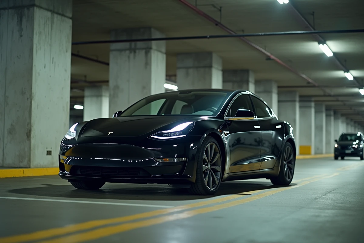 Tesla Model S se déplaçant seule dans un parking souterrain grâce à la fonction Smart Summon, sans conducteur à bord