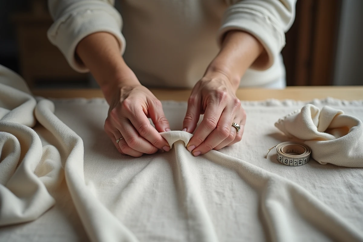 Mains d'une experte testant l'élasticité d'un tricot en laine mérinos pour évaluer la qualité du tissu