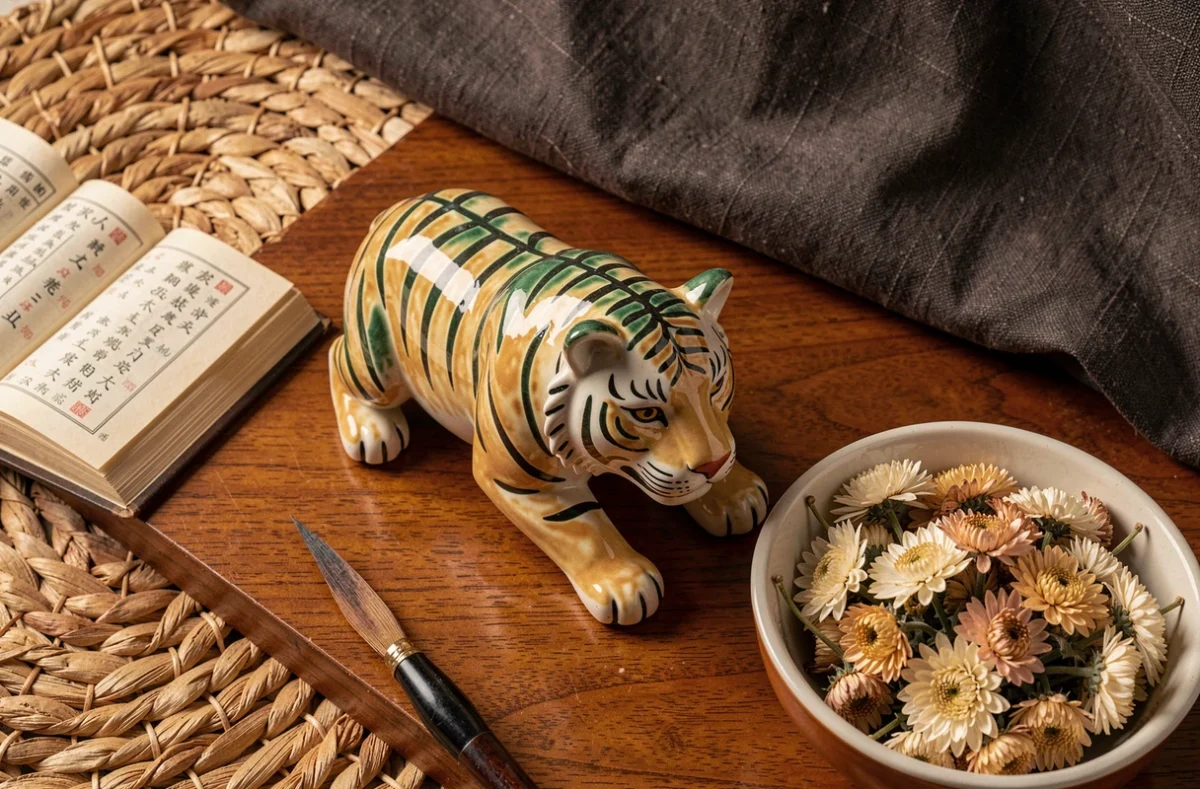 Composition symbolique du signe astrologique chinois Tigre de Terre 1998, almanach et figurine traditionnelle