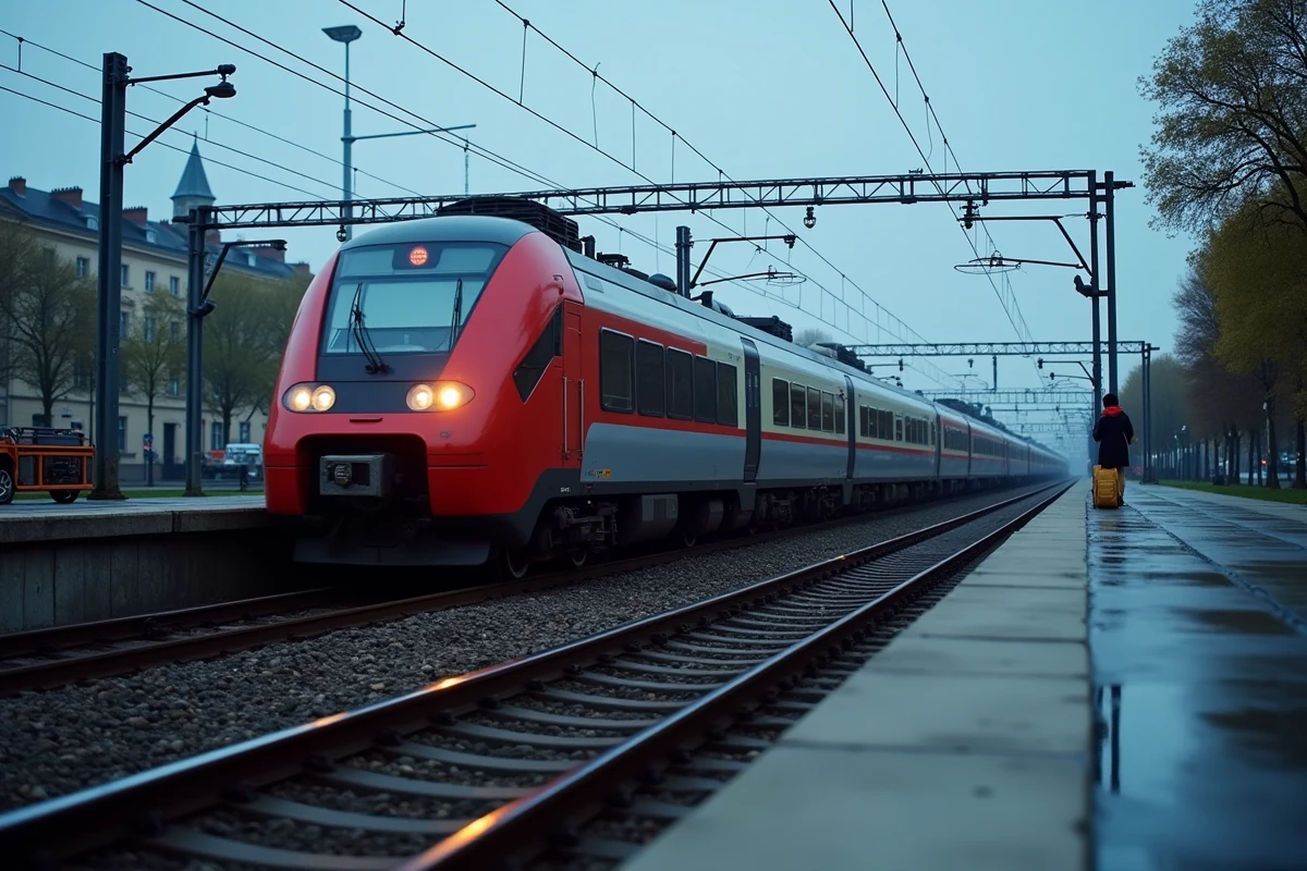 Train auto-couchettes quittant une gare française au crépuscule sur fond urbain