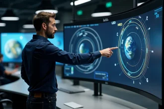 Ingénieur aérospatial analysant les trois types d'orbites terrestres sur un écran de simulation orbital en salle de contrôle