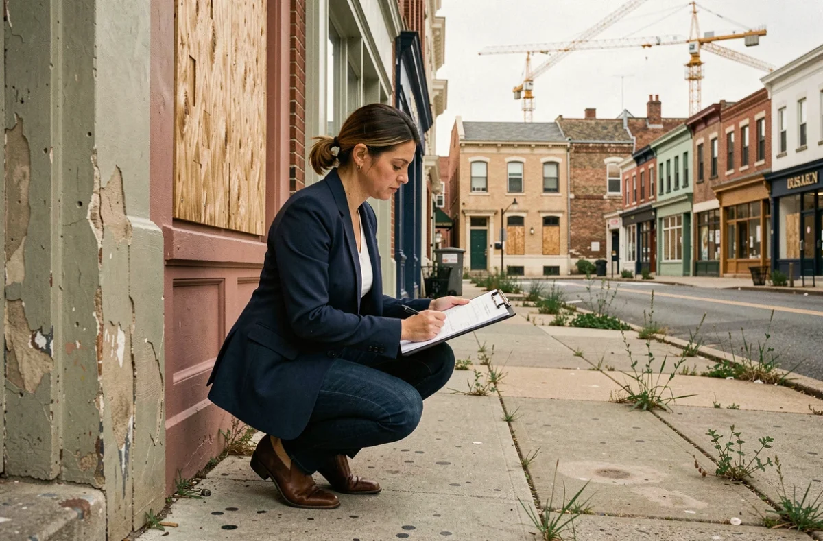 Urbaniste examinant des plans de rénovation dans un quartier en transition entre dégradation et requalification urbaine