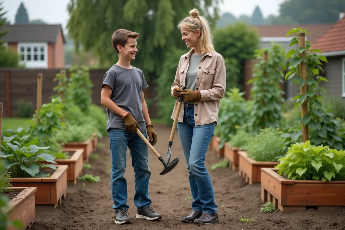 Mère et fils adolescent travaillant ensemble dans un jardin potager, illustrant les valeurs familiales de coopération et de responsabilité