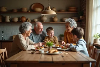 Famille multigénérationnelle réunie autour d'un repas partagé, illustrant les valeurs familiales de solidarité et de partage