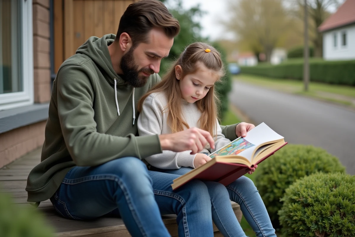 Père et fille partageant un moment de lecture complice sur le pas de leur maison, symbole de transmission des valeurs familiales