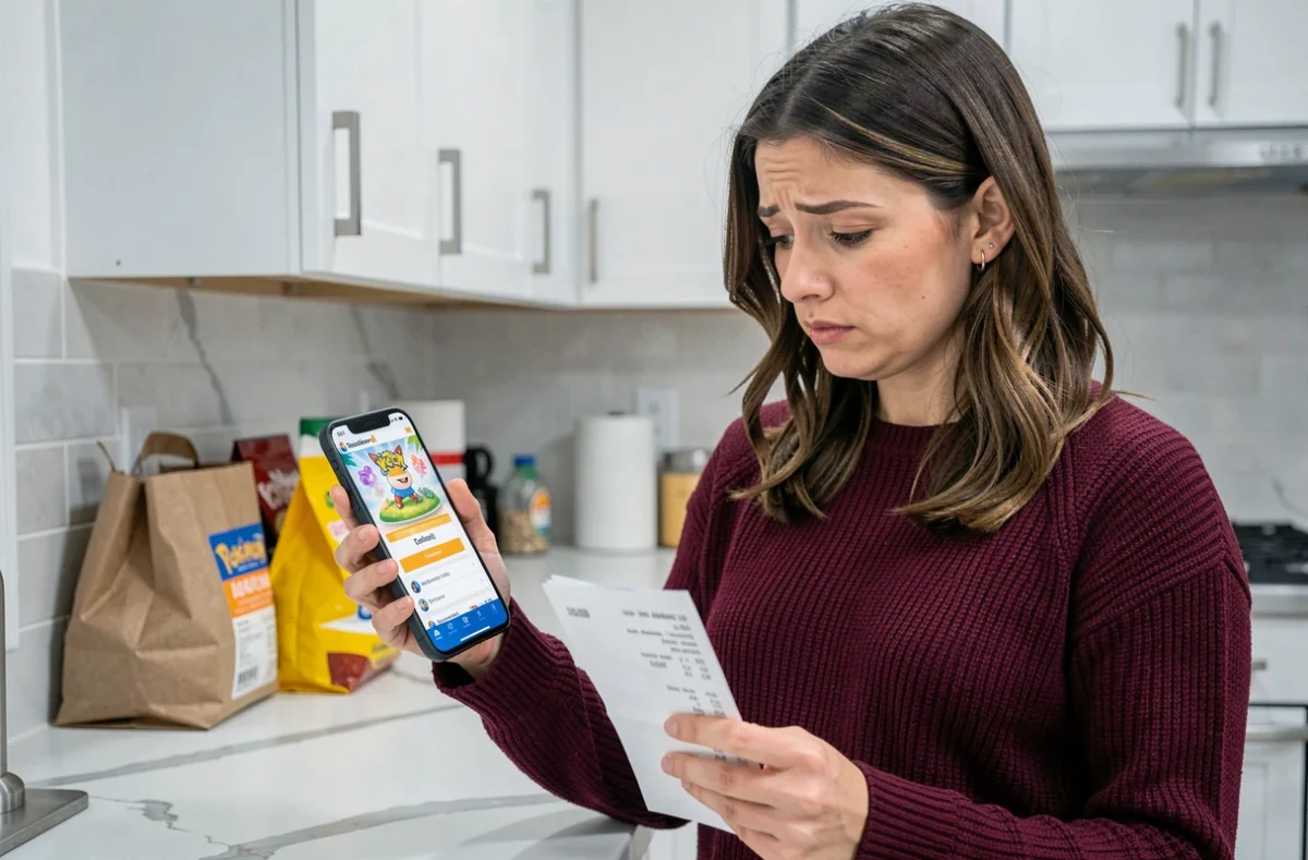 Femme vérifiant un code Pokémon TCG Online sur son smartphone en comparant avec un reçu imprimé, debout dans une cuisine moderne