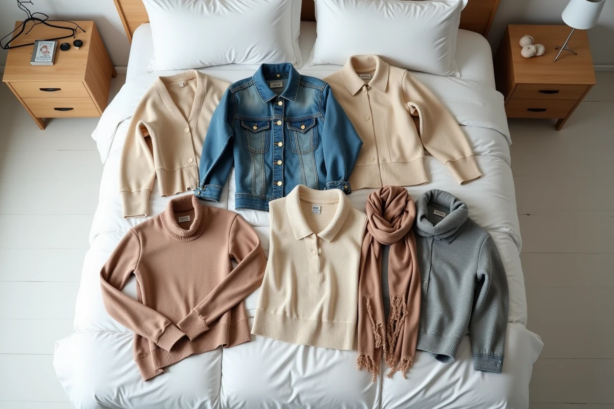 Tas de vêtements triés sur un lit blanc lors d'une session de désencombrement et organisation de la garde-robe