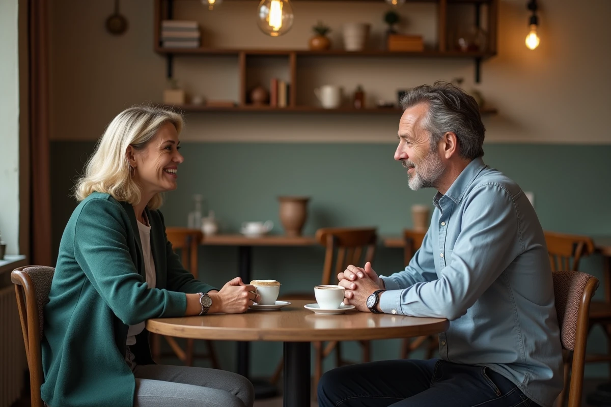 Deux personnes en conversation privée dans un café, illustrant la dimension relationnelle et sociale de la vie privée