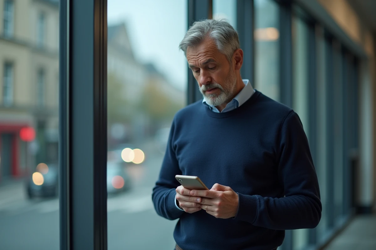 Homme consultant son smartphone devant une fenêtre urbaine, symbolisant la protection des données personnelles et la vie privée numérique