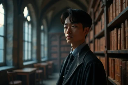 Jeune homme aux yeux en amande dans une bibliothèque gothique magique, personnage de villain académique fantasy