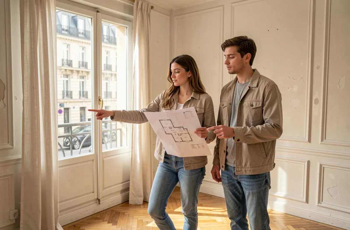 Couple visitant un appartement parisien à proximité d'une station de la ligne 14